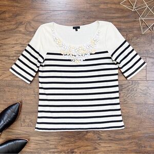 J Crew Collection • Jeweled Neck Stripe Top pullover tee navy cream Mariner